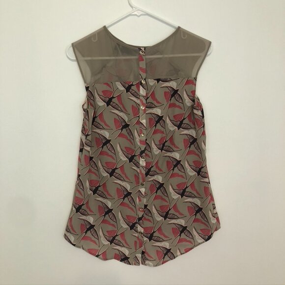 APT. 9 Taupe Pink Black Bird Animal Print Sleeveless Button Back Tank Blouse XS - Picture 9 of 14